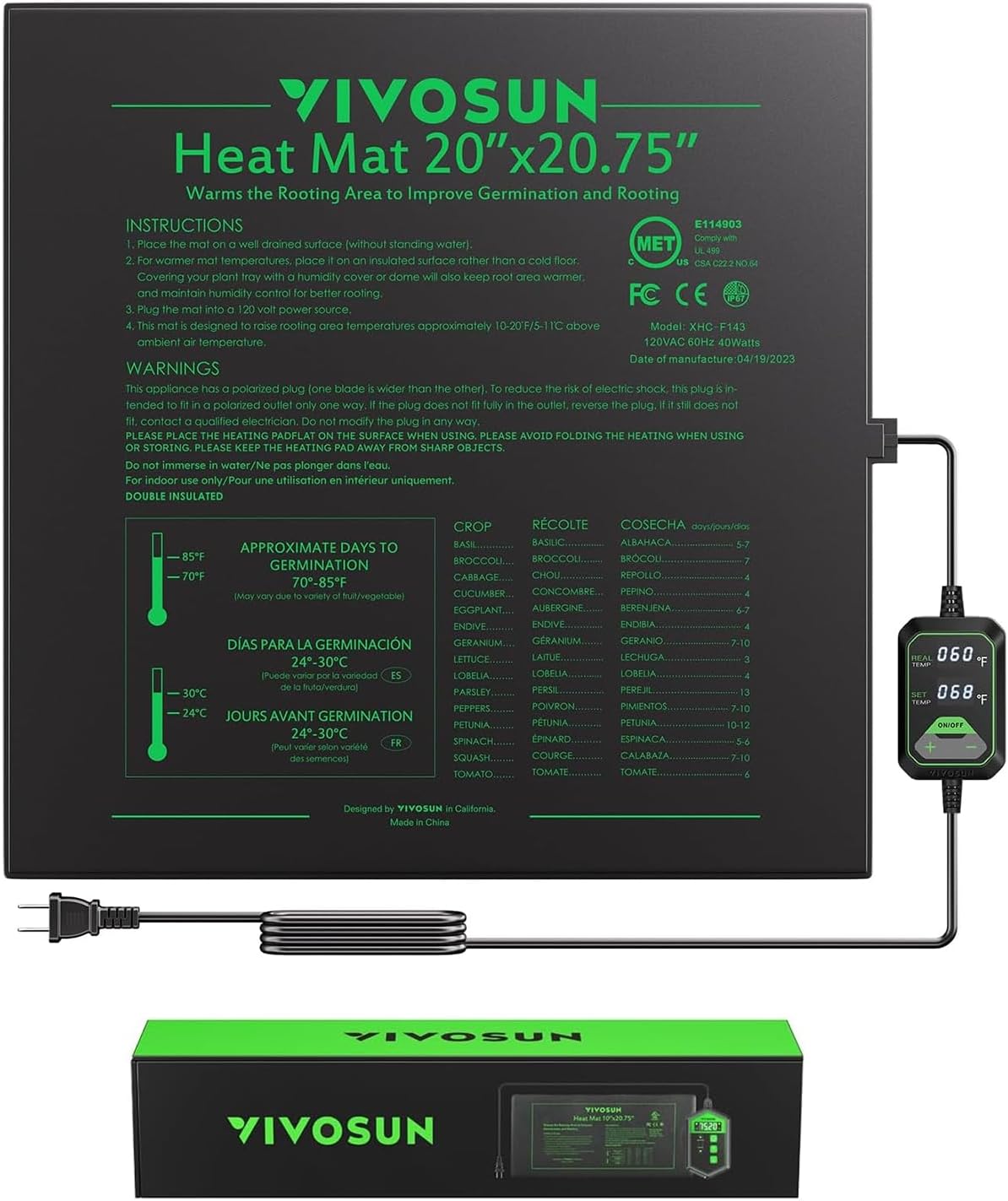 20"x20.75" Seedling Heat Mat with Built-in Temperature Controller | UL & MET-Certified Waterproof Plant Heating Pad