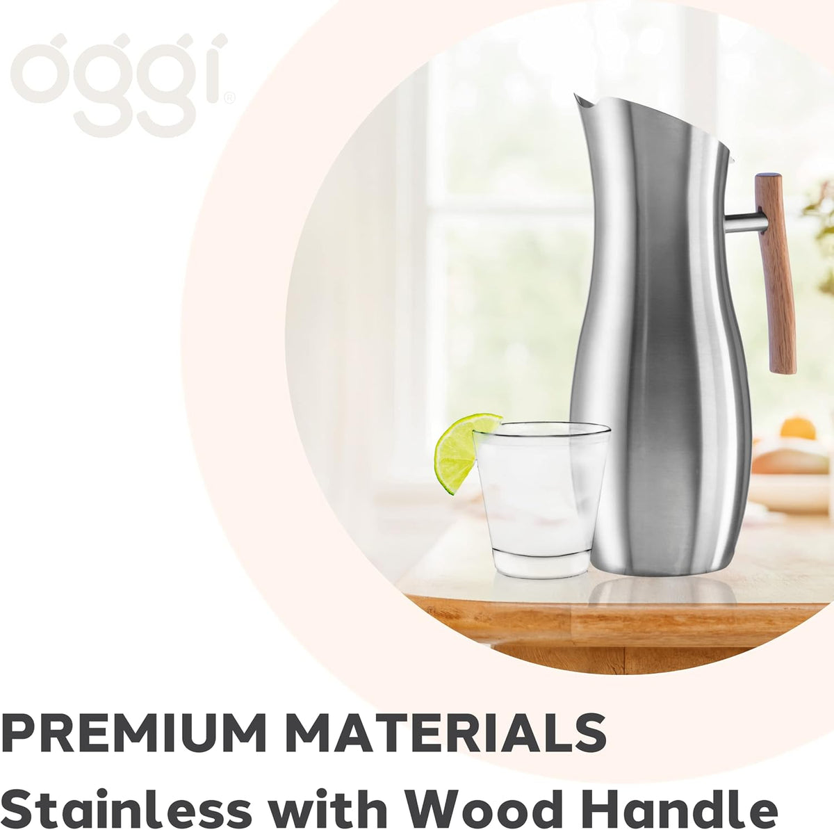 Slimline Stainless Steel Pitcher- Stainless Steel Water w/Ice Guard, Water Carafe, Great Metal Container for