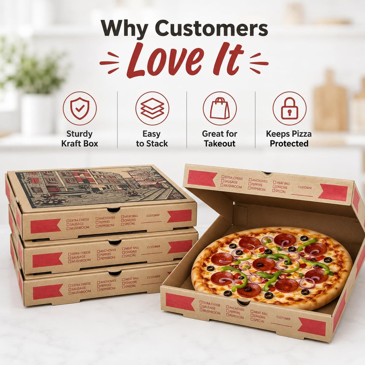 12" x 12" x 2" Corrugated Pizza Boxes | Bulk Pack (10) - Brown Kraft Grease Resistant Takeout Containers | Heavy Duty
