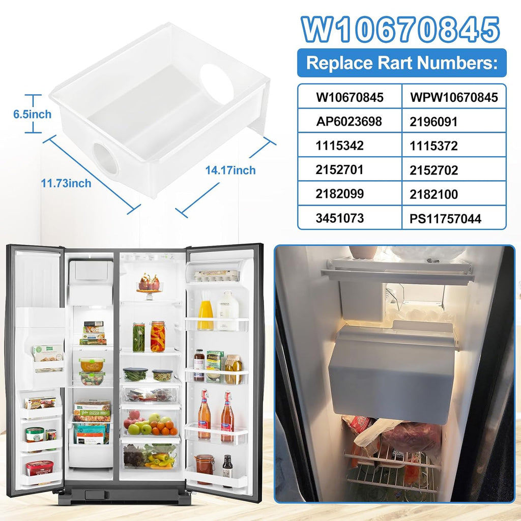 Upgraded W10670845 Refrigerator Ice Bucket Compatible with Whirlpool Ice Maker Replacement Parts WPW10670845 Removable Ice Bin for Kenmore Ice Maker Replacement WRS325FDAM04, WRS315SDHM08 Ice Bin
