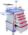 Crash Cart with Accessories Mobile Emergency Treatment Trolley with IV Pole, Cardiac Board, O₂ Tank Holder, Trash Bin