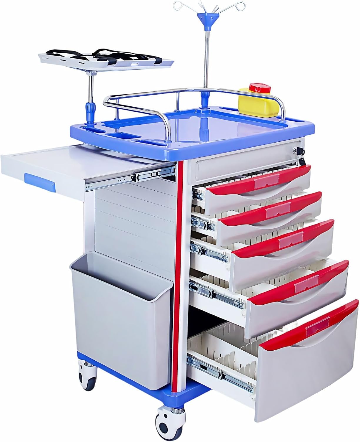 Crash Cart with Accessories Mobile Emergency Treatment Trolley with IV Pole, Cardiac Board, O₂ Tank Holder, Trash Bin