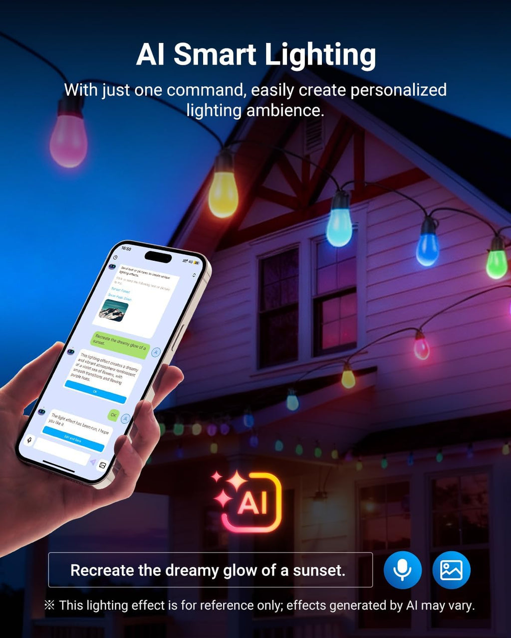 96ft Outdoor String Lights, App Control Smart AI RGB IC W Hanging Outside Warm White Patio Balcony Backyard Lighting