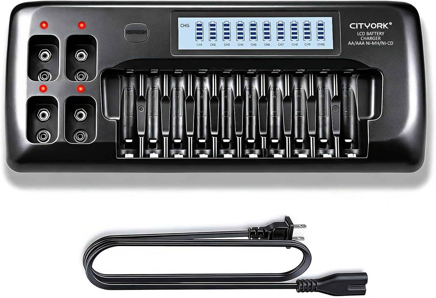 10+4 Bay AA AAA 9V Battery Charger, Smart LCD Display with Discharge Function, 10 Bay for AA/AAA Rechargeable