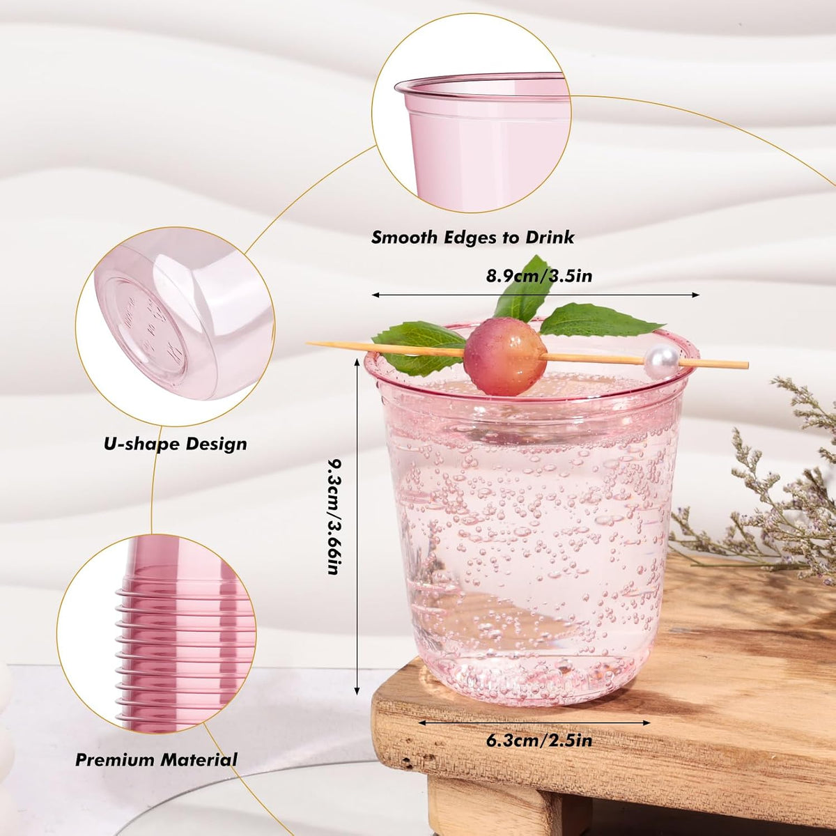 50Pcs 12oz Pink Plastic Party Cups, Disposable Wine Cocktail Cups