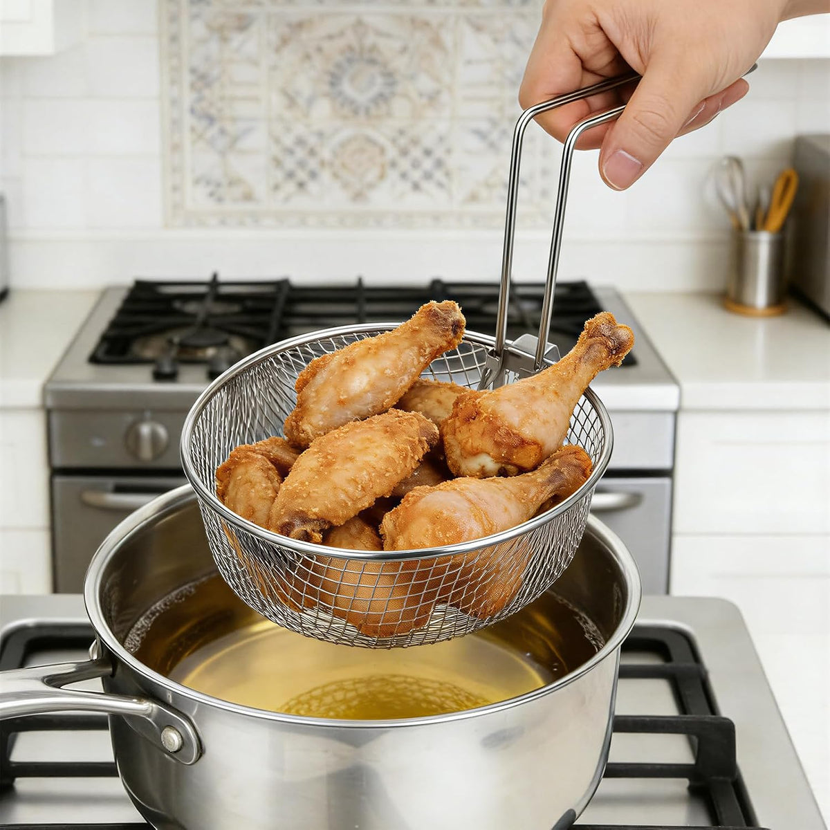 Deep Fryer Basket 2L Stainless Steel Round Fry Strainer with Handle
