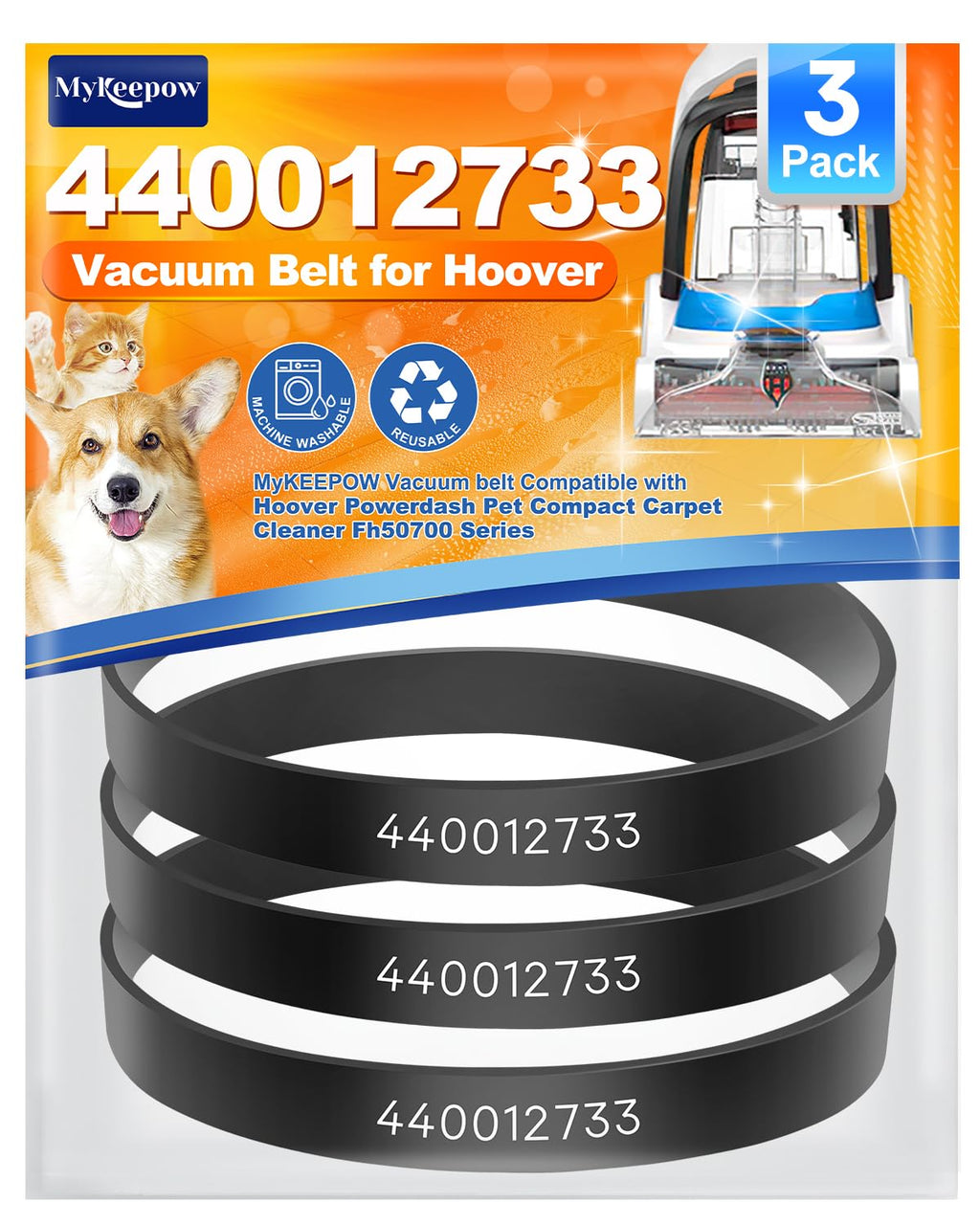 3 Pack Vacuum Belts Compatible with Hoover PowerDash Pet Carpet Cleaner