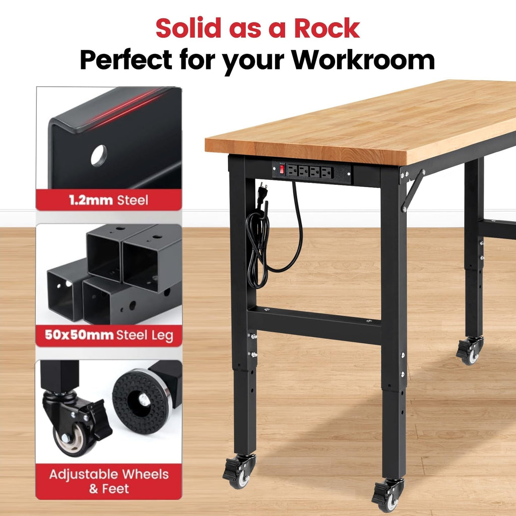 60-Inch Workbench on Wheels with Power Outlet & Pegboard