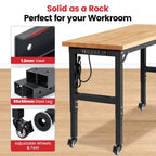 60-Inch Workbench on Wheels with Power Outlet & Pegboard