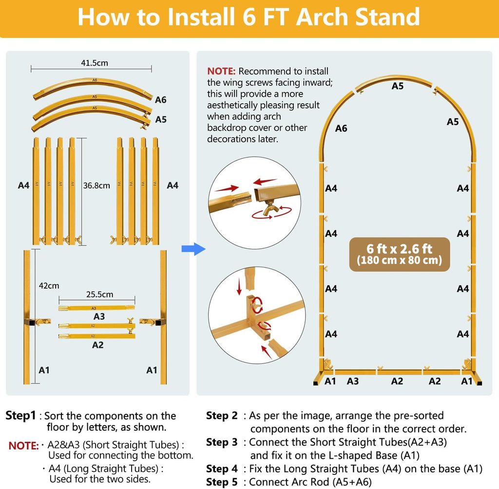 6 FT Wedding Arch Frame Backdrop Stand for Party, Balloon Arch Stand, Wedding Arches for Ceremony, Metal Gold Arch