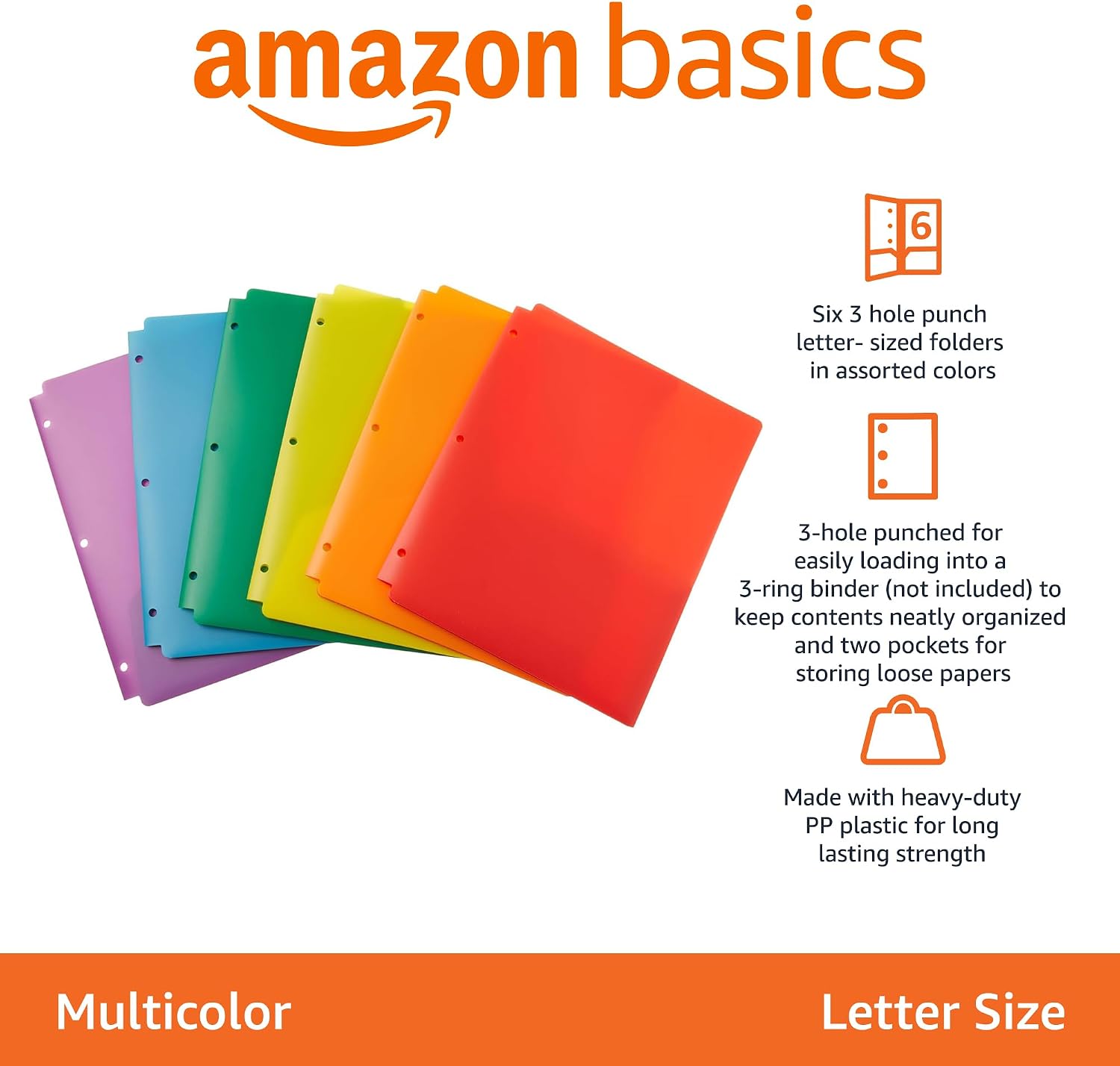 Plastic 3-Hole Punch File Folders with 2 Pockets for Documents, Letter Size 8.5 x 11 inches, Assorted Colors, Pack of 6