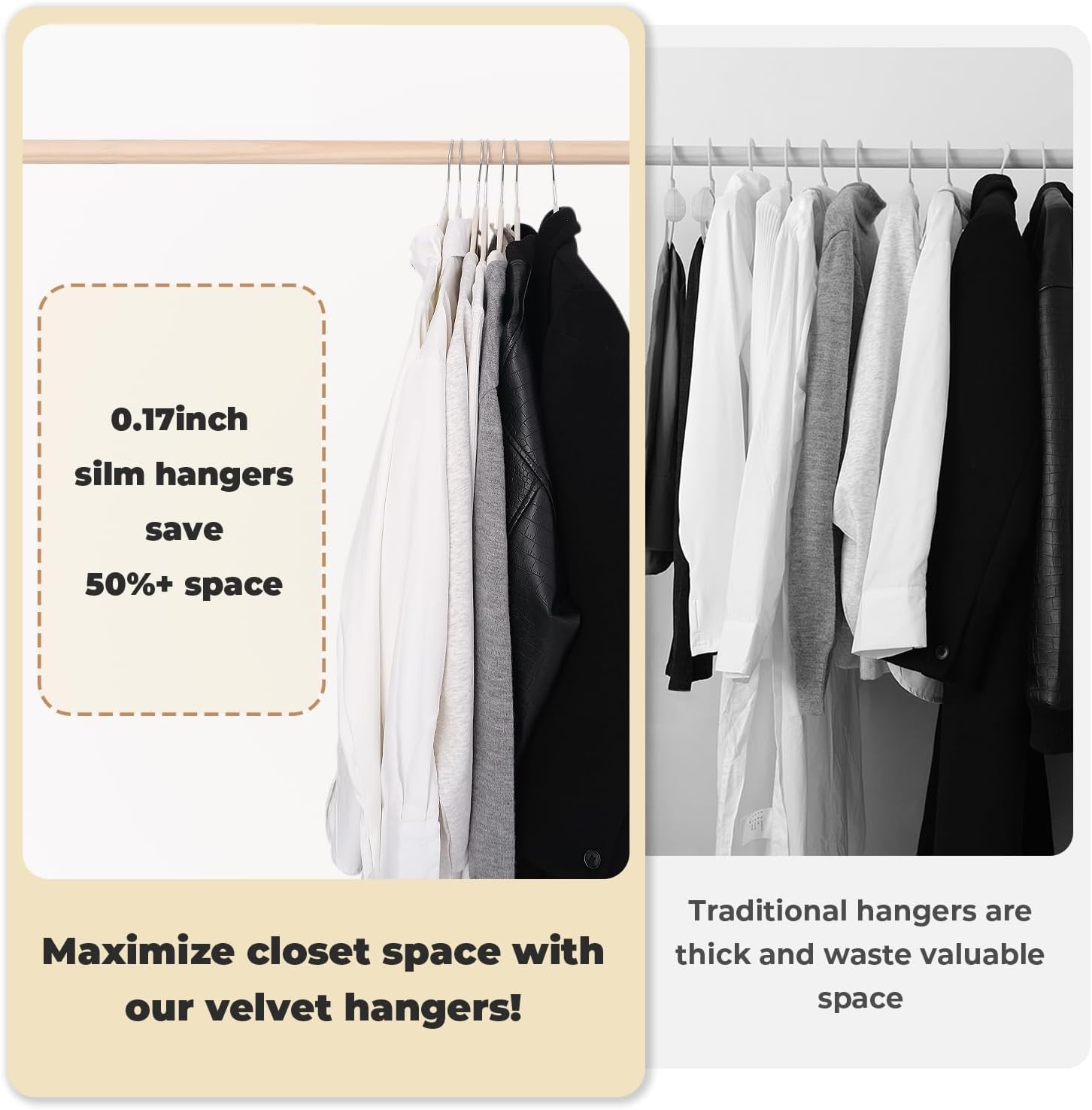 Ivory Velvet Hangers, Stackable Hanger with Non Slip Felt Fabric | Ultra Thin and Space Saving with 360° Swivel Hook