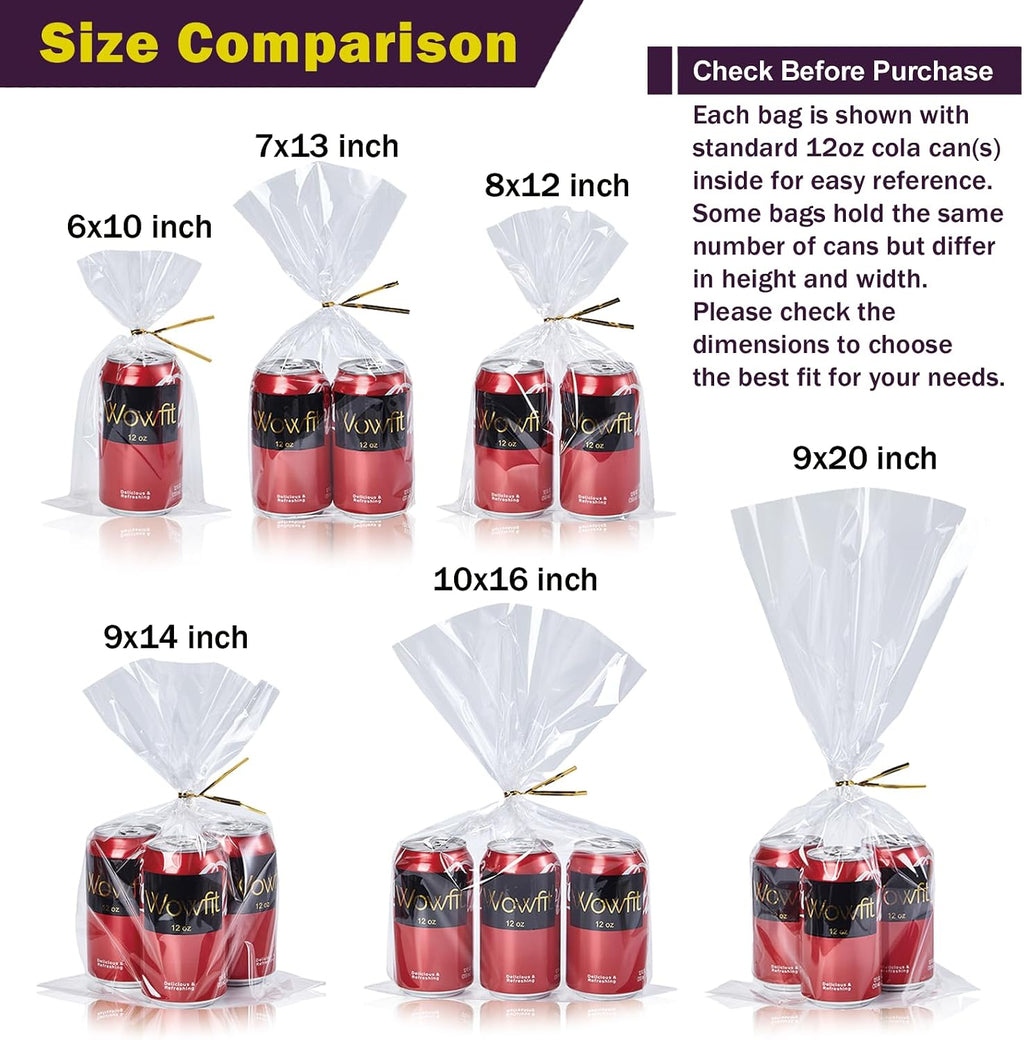 10x16 Large Clear Cellophane Gift Bags, 50 CT, 6" Gold Twist Ties
