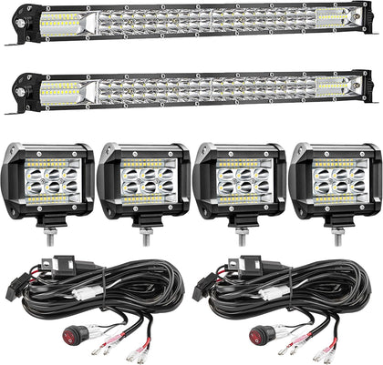 LED Light Bar Kit for Truck, (2) 20 Inch Slim Light Bars, (4) 4 Inch LED Pods, (2) 24V Wiring Harness, Waterproof Off