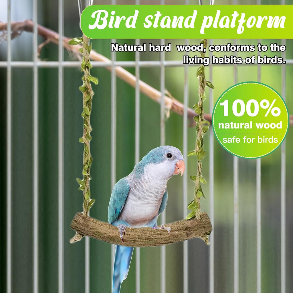 Natural Wood Bird Swing Perch with Decorative Leaves - 7.1" Durable Bird Stand Platform Toy for Cage, Hanging Budgie