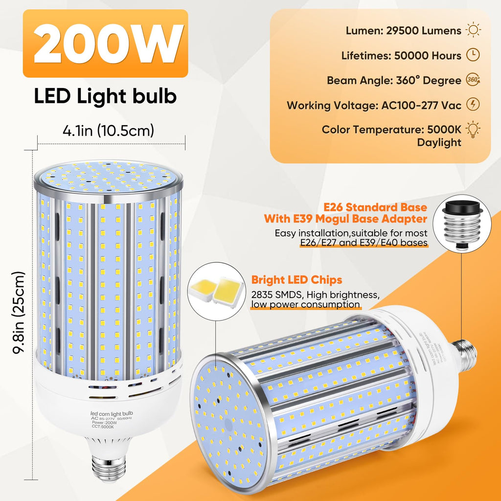 2 Pack 200W Corn LED Light Bulb Fanless,29,500LM 5000K Daylight(2000 Watt Equivalent) E26/E39 Large Mogul Base LED