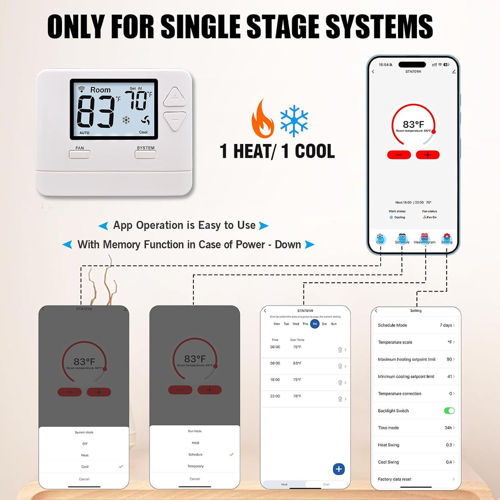 WiFi Thermostat 1 Heat/1 Cool for Home Conventional System | C-Wire Required, APP Remote Control, 7-Day or 0-Day