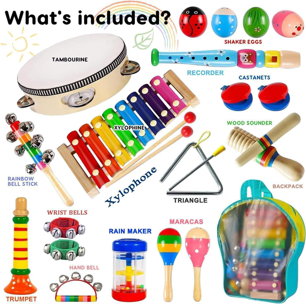 Kids Musical Instruments, INLAIER Toddler Wooden Percussion Instruments Tambourine Xylophone Toys for Kids Children