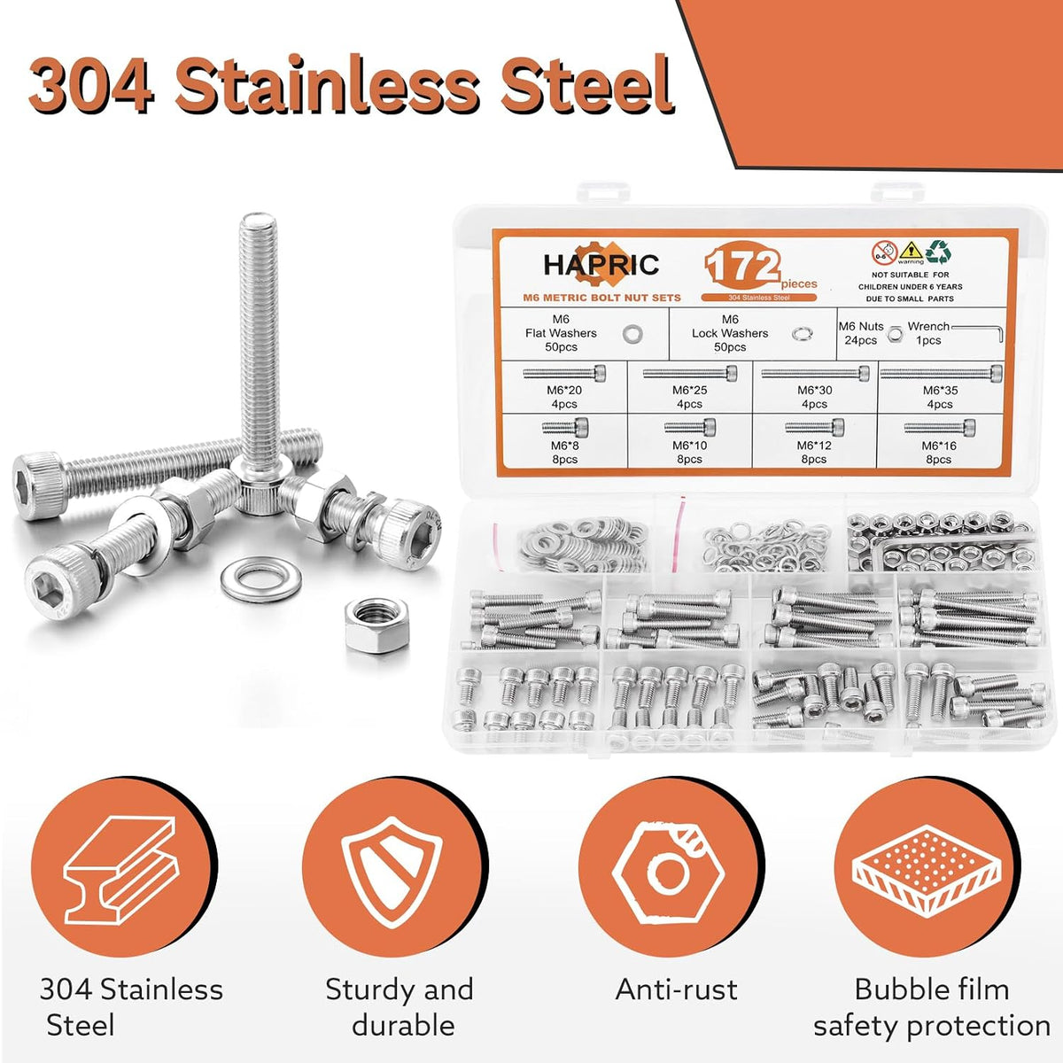 Hapric 172 Pcs M6 Bolts Assortment Kit, M6x 8-35MM Screw Kits