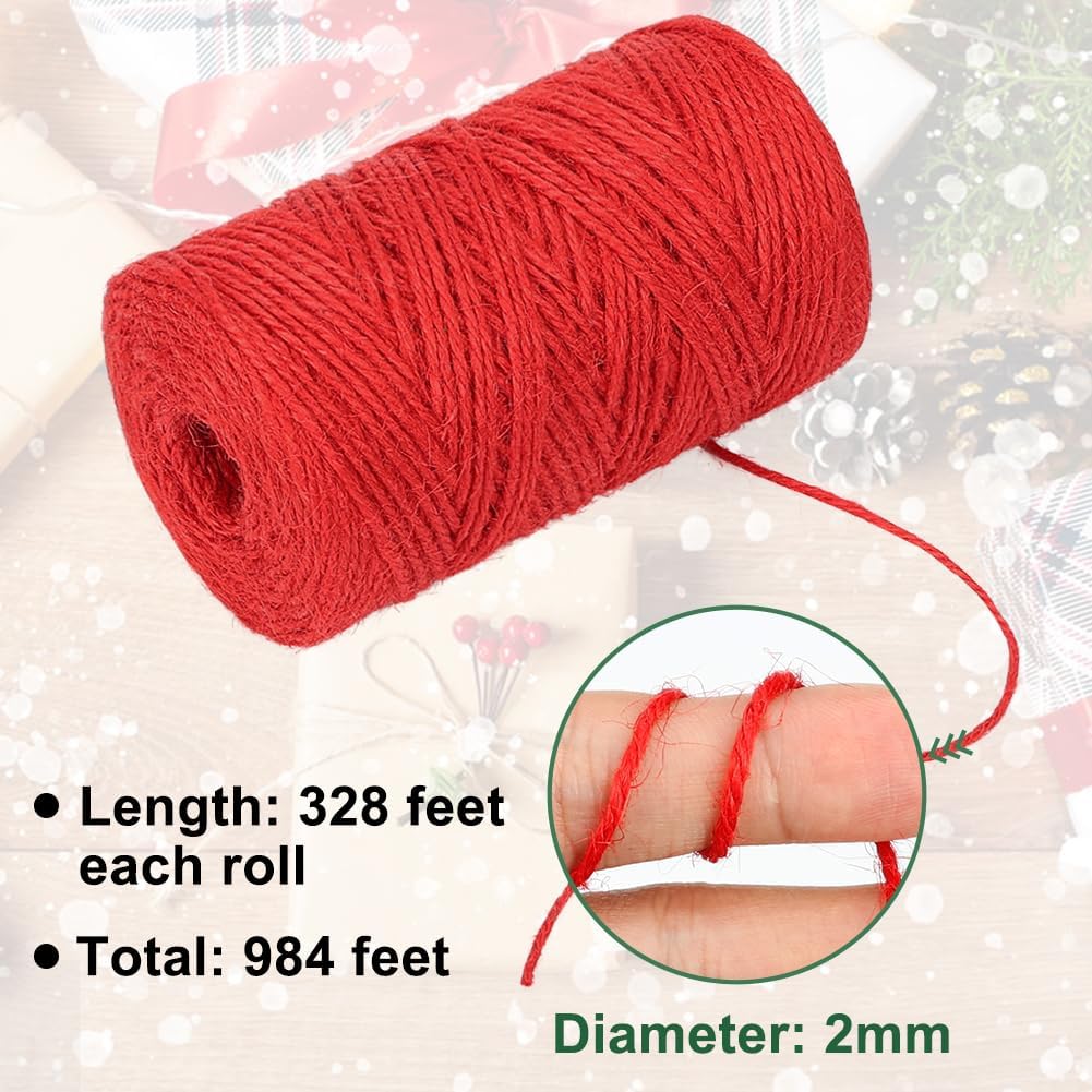 3 Rolls 984 Ft 2mm Colored Jute Twine Red Green Brown for Xmas