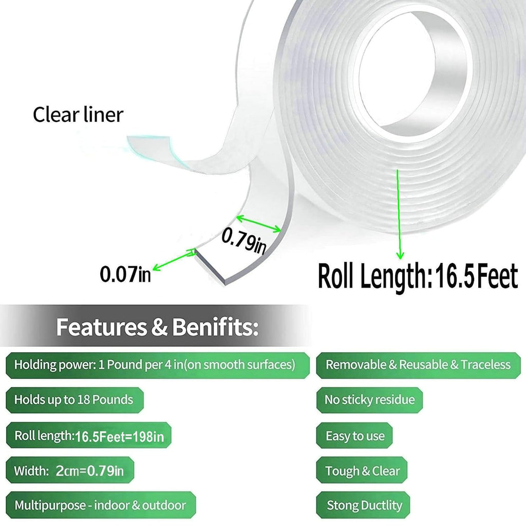 Heavy Duty Invisible Bond Nano Double Sided Mounting Tape, 16.5FT