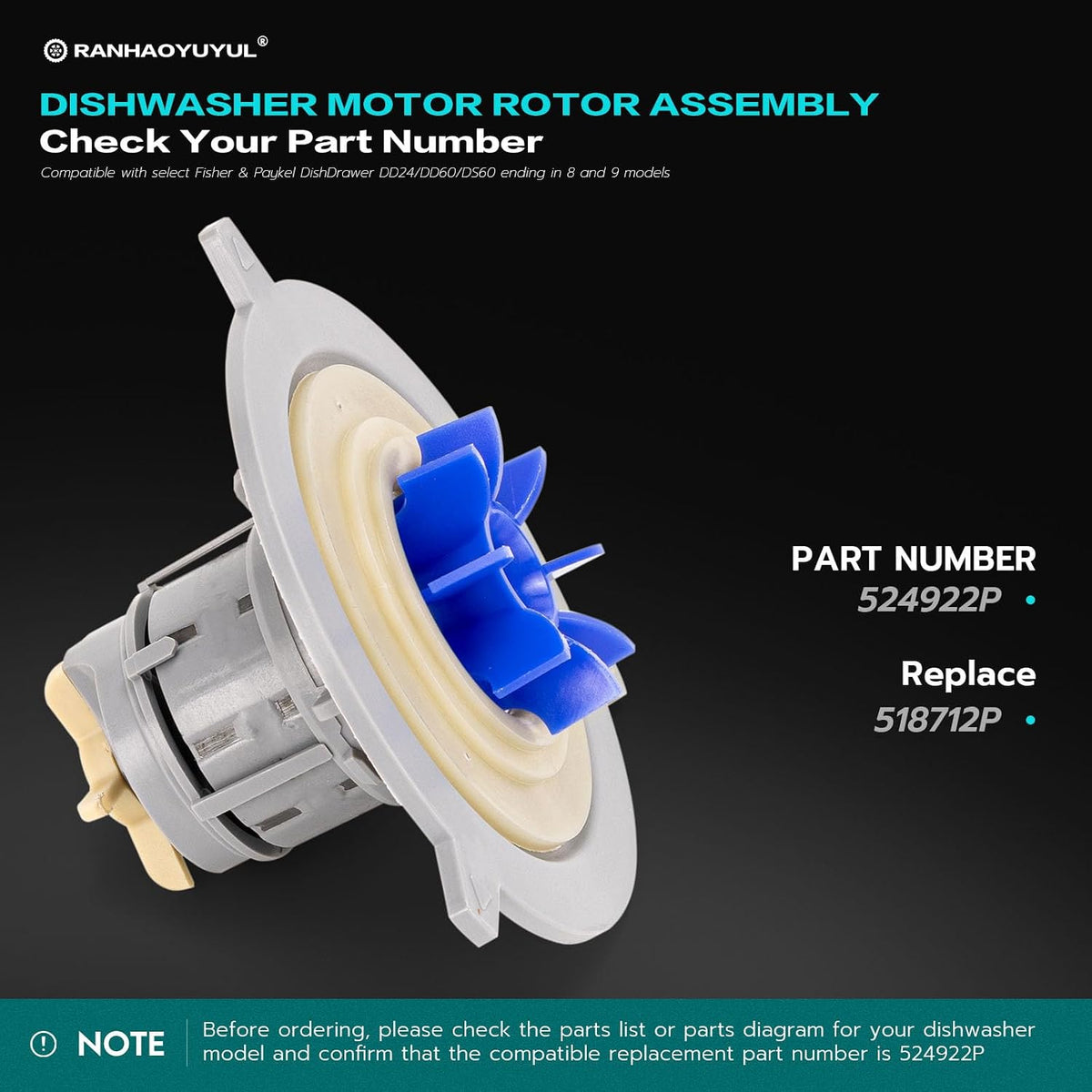 524922P Motor Rotor Assembly Fit for Fisher & Paykel Drawer DishDrawer