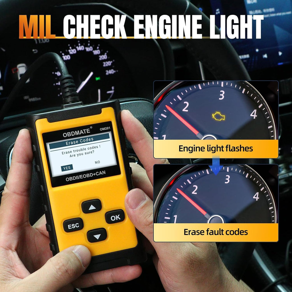 Check Engine Code Reader, OBDMATE OM201 OBD2 Diagnostic Tool | Clearing Faulty Codes with Wireless Printing | Graphic