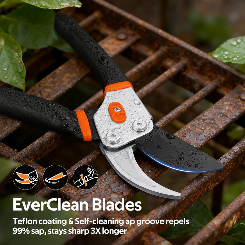 Pruning Shears, 8.5” Professional Garden Pruner with Jam-Proof Spring & Ever-Sharp SK5 Blade, Ergonomic Bypass