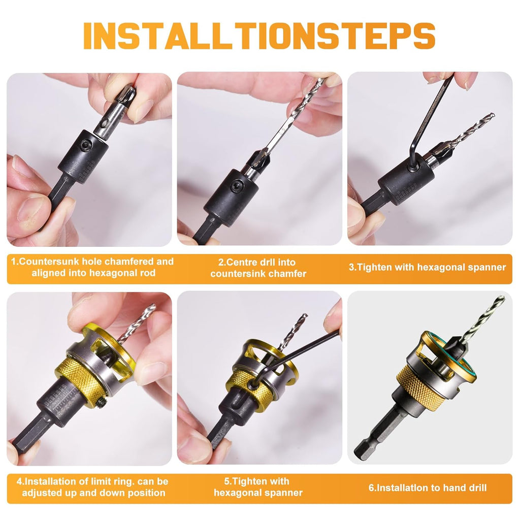9PCS Countersink Drill Bit Set with Adjustable Depth Stop Collar