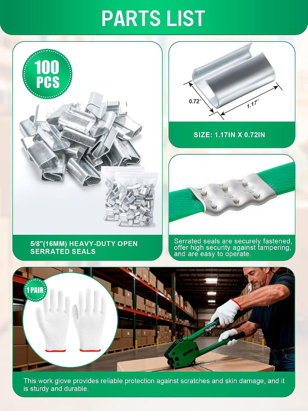 Banding Strapping Kit, Heavy Duty Pallet Packaging Kit with >1500lbs 5/8" x 1000' PET Strapping Roll, 100 Metal