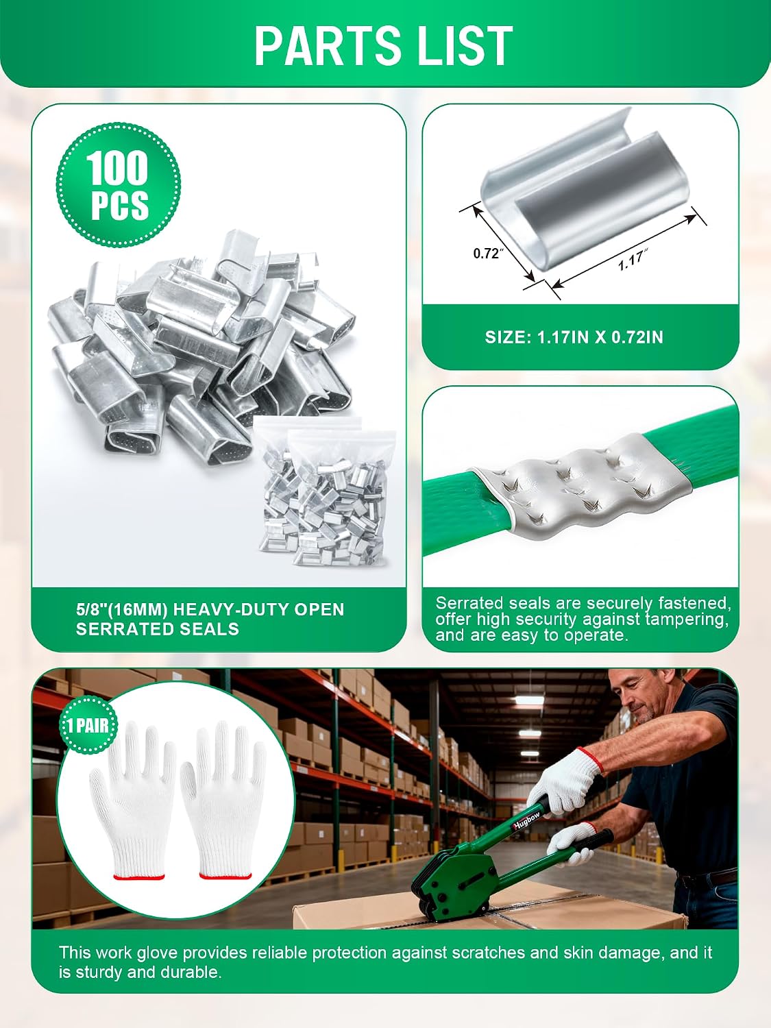 Banding Strapping Kit, Heavy Duty Pallet Packaging Kit with >1500lbs 5/8" x 1000' PET Strapping Roll, 100 Metal