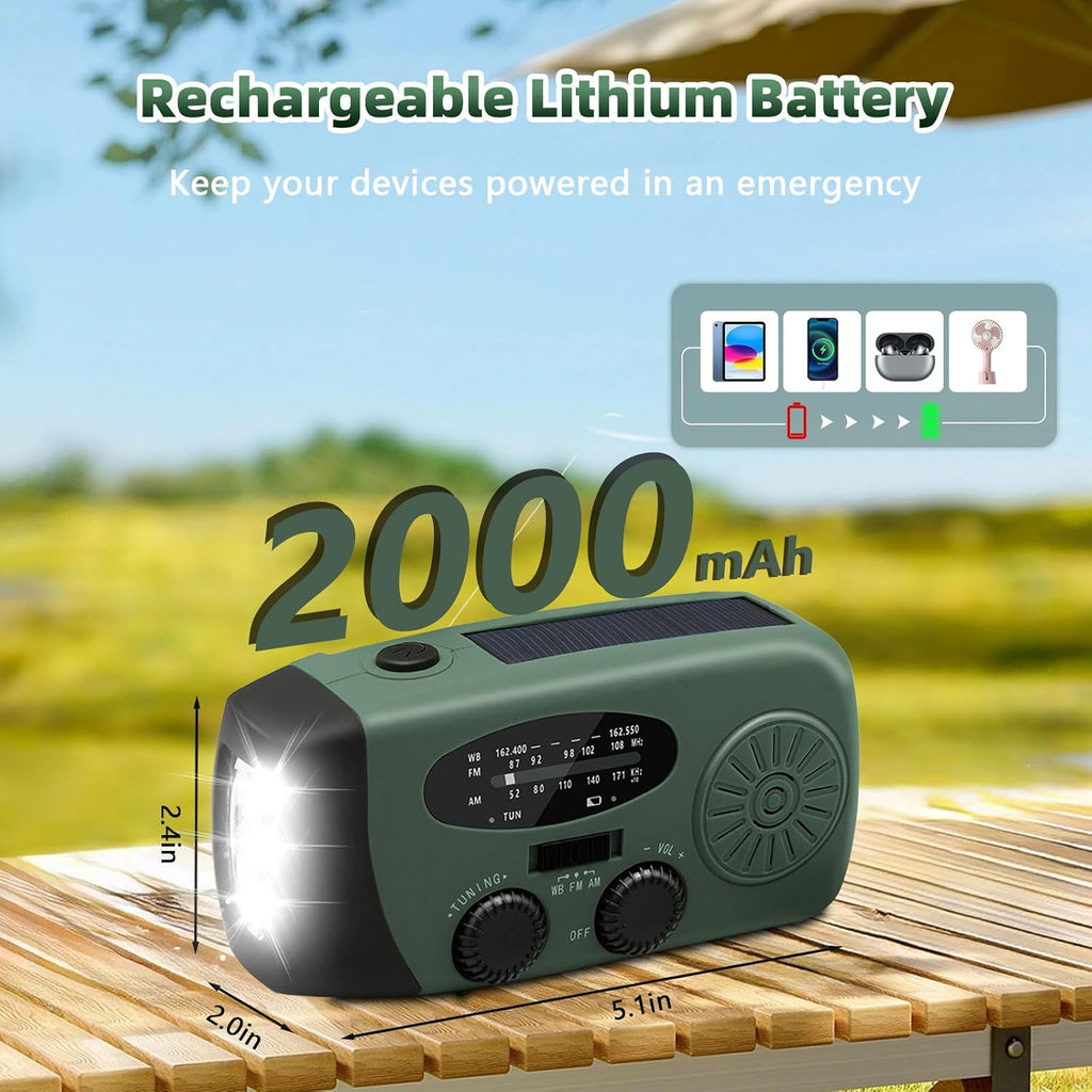 7400mWh Emergency Weather Radio, Portable Solar Hand Crank Radio AM/FM/NOAA, with 3 Mode Flashlight & Reading Lamp