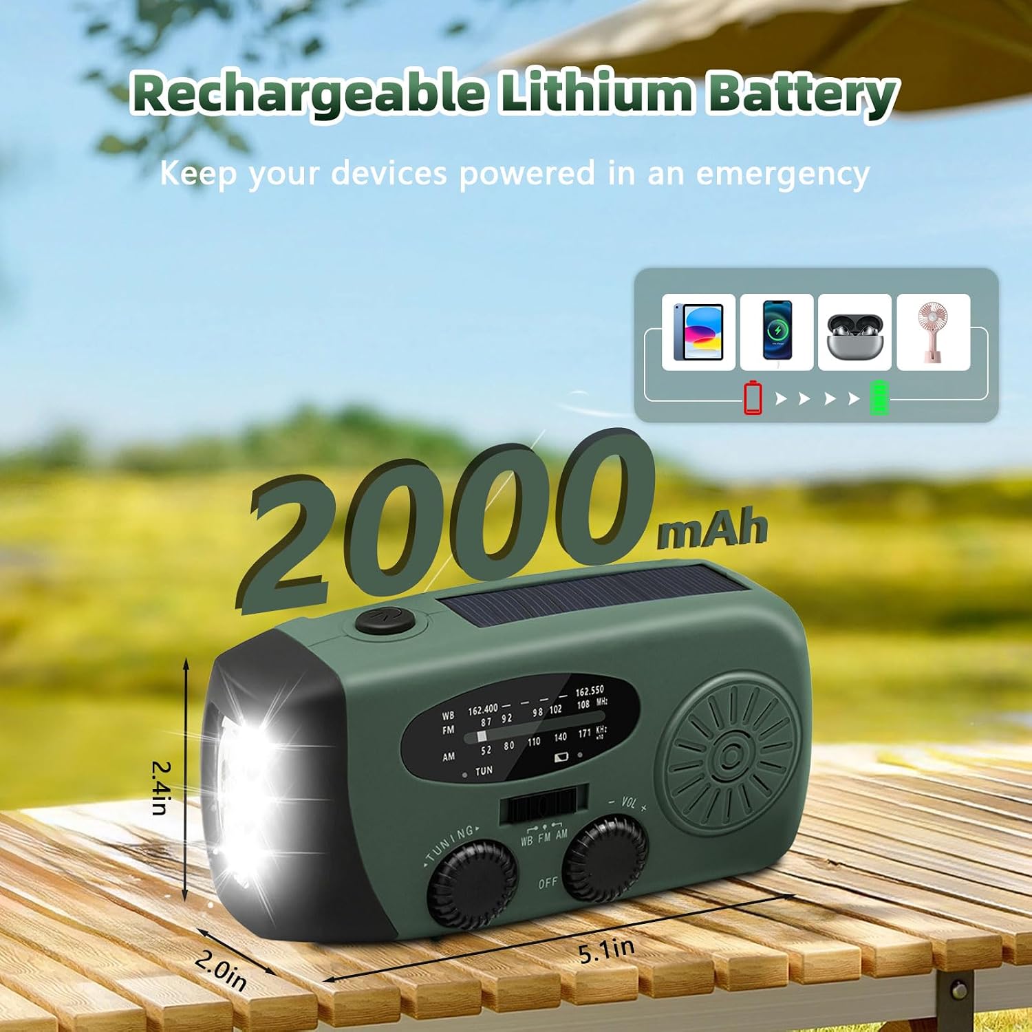 7400mWh Emergency Weather Radio, Portable Solar Hand Crank Radio AM/FM/NOAA, with 3 Mode Flashlight & Reading Lamp