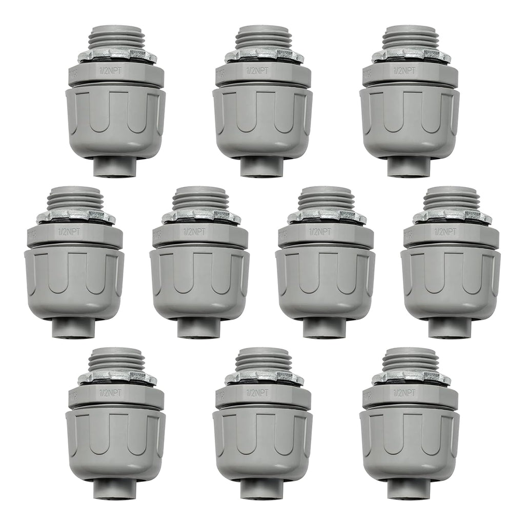 Conduit Connectors, 1/2 Inch, Straight, Grey, 10-Pack