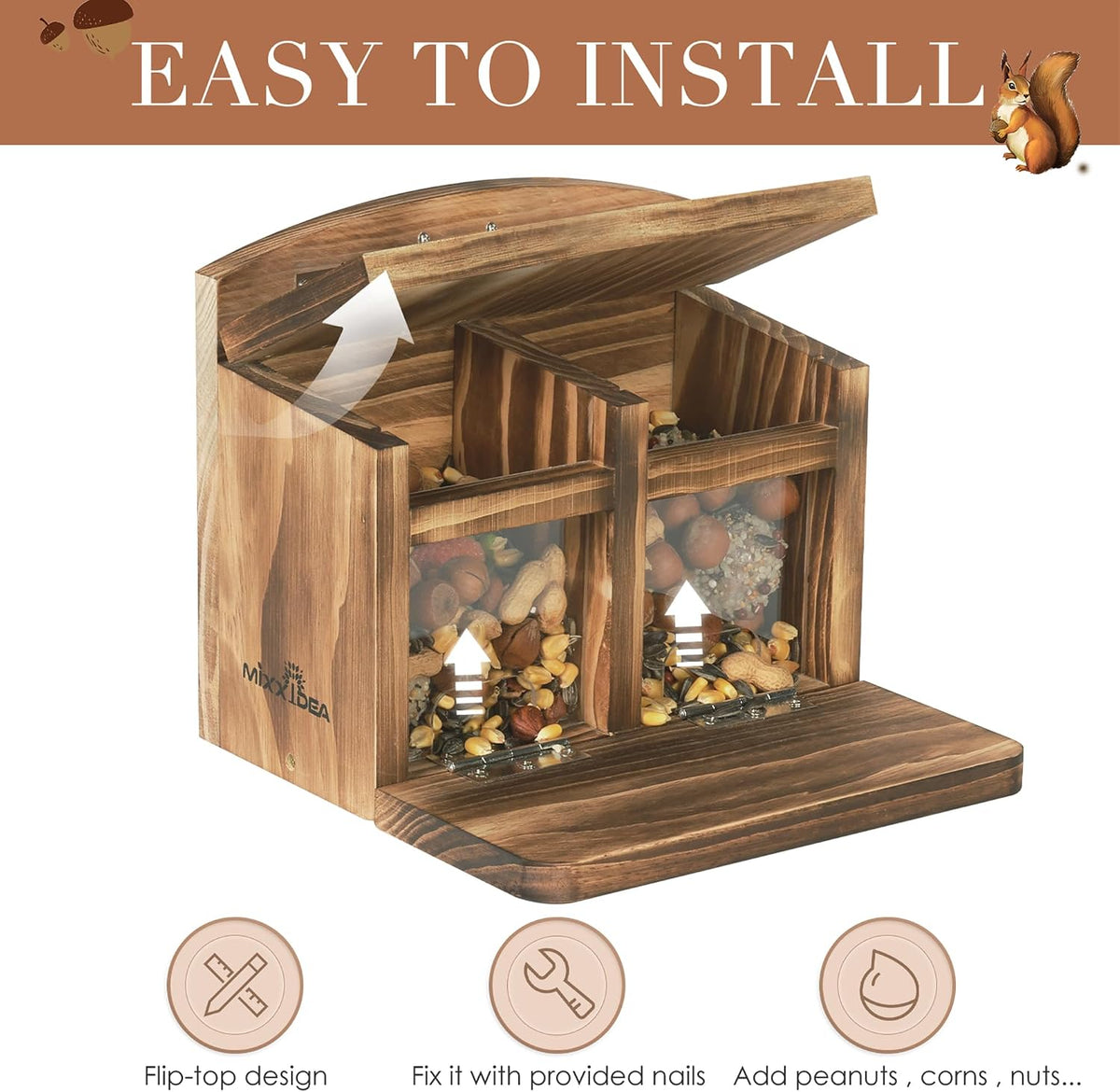 Large Squirrel Feeder House, Wooden Squirrel Feeders for Outside, Chipmunk Feeder Made of Thick Wood, No Assembly