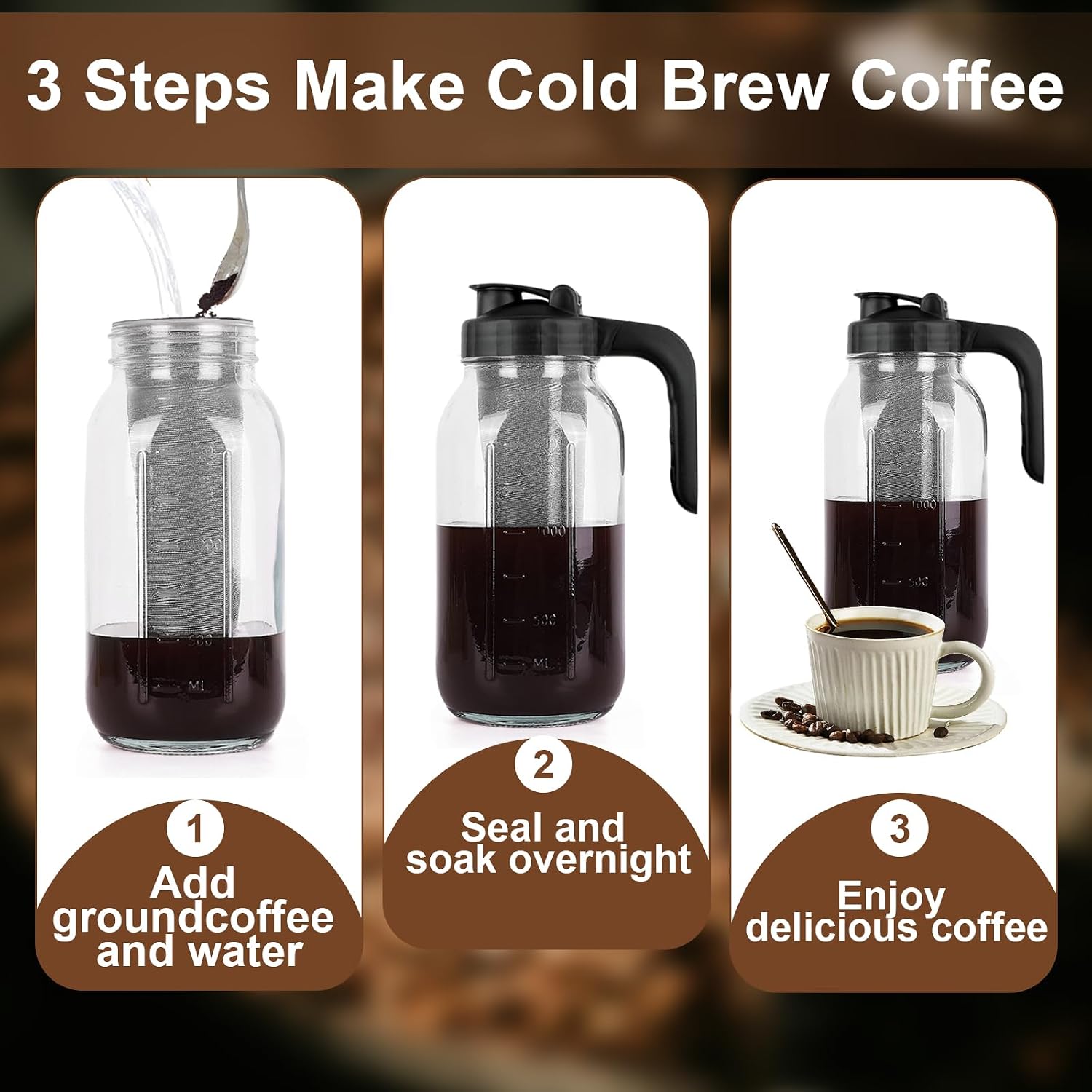 Cold Brew Coffee Maker Pitcher, 64 Oz Heavy Duty Glass Mason Jar Pitcher with V-shaped Pour Spout Handle