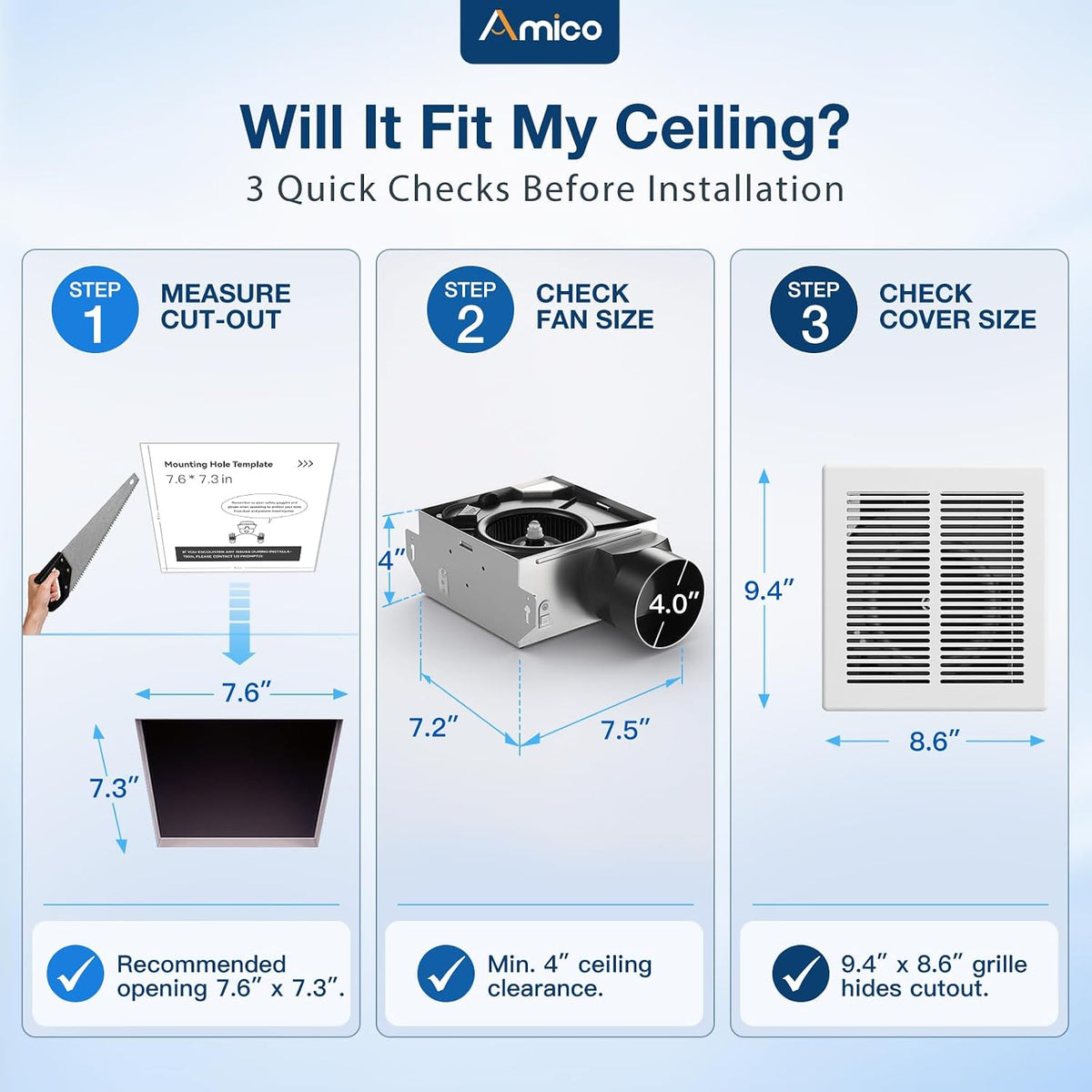 Amico Bathroom Exhaust Fan, 1.0 Sones, 80 CFM, No Attic Access Needed