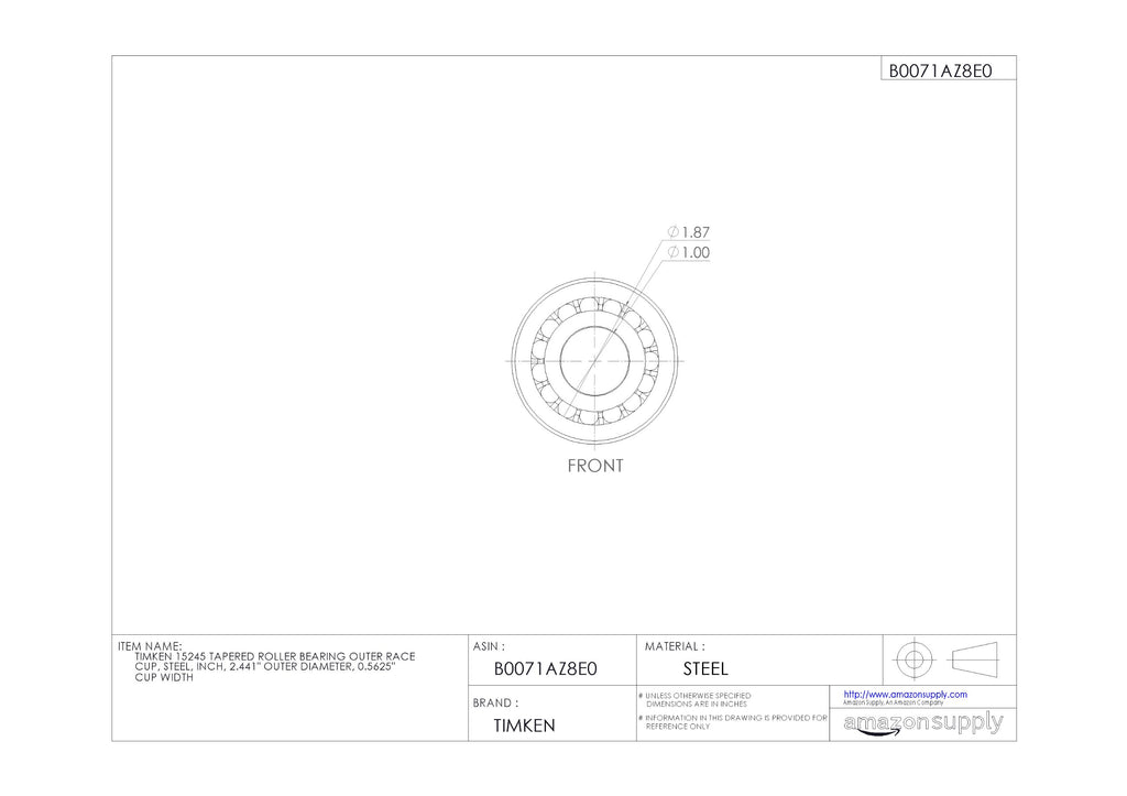 Timken 15245 Tapered Roller Bearing, Single Cup, Standard Tolerance, Straight Outside Diameter, Steel, Inch, 2.441" Outer Diameter, 0.5625" Width