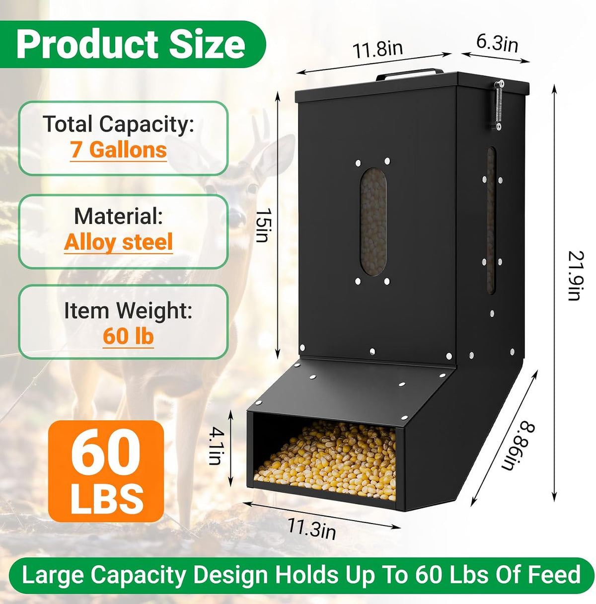 7 Galloon Gravity Deer Feeder, Heavy Duty Hanging Metal Deer Feeder Box with Automatic Dispenser Feeds Protein View