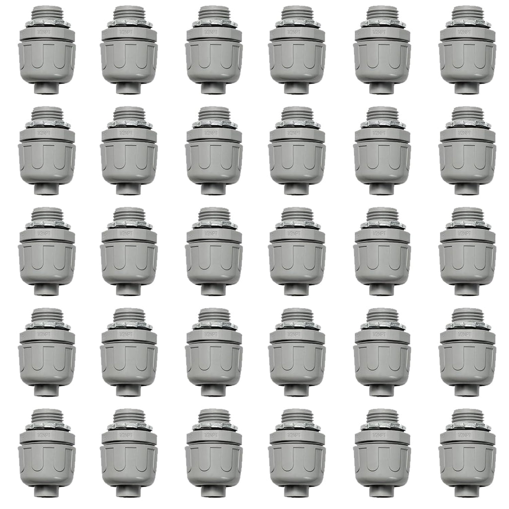 Conduit Connectors, 1/2 Inch, Straight, Grey, 30-Pack
