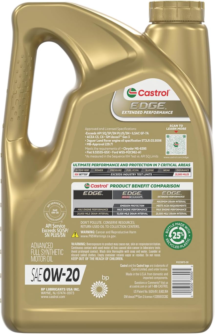 Castrol EDGE Extended Performance 0W-20 Advanced Full Syn Motor Oil 5 Qt