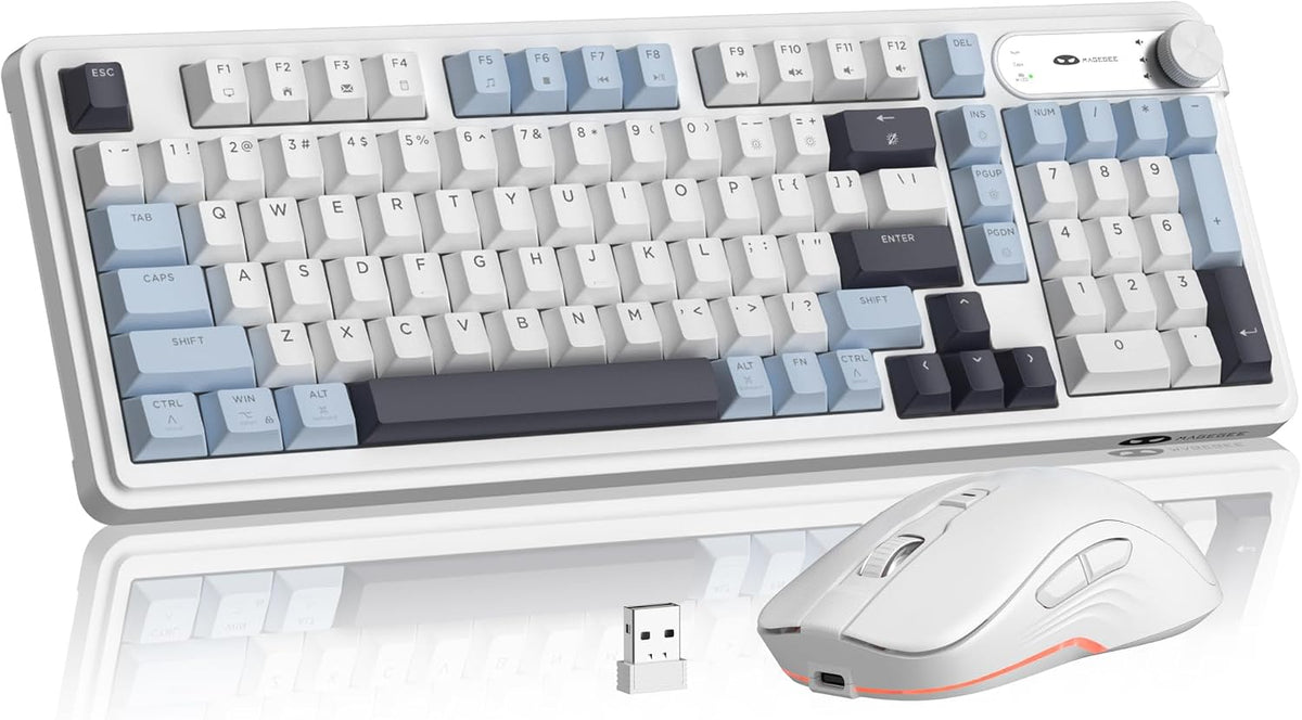 V990 Creamy Wireless Keyboard and Mouse Combo, 99 Keys RGB Backlit Rechargeable Quiet Gaming Keyboard, Adjustable
