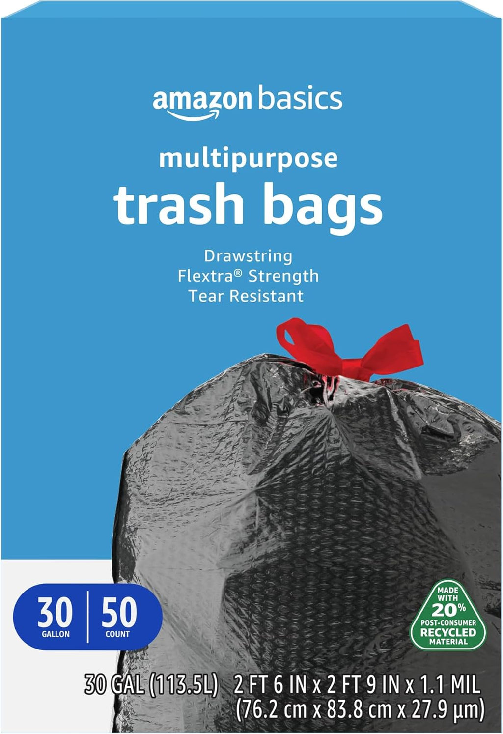 30 Gallon Flextra Strength Multipurpose Drawstring Trash Bags, 20% Post Consumer Recycled Material, Tear Resistant