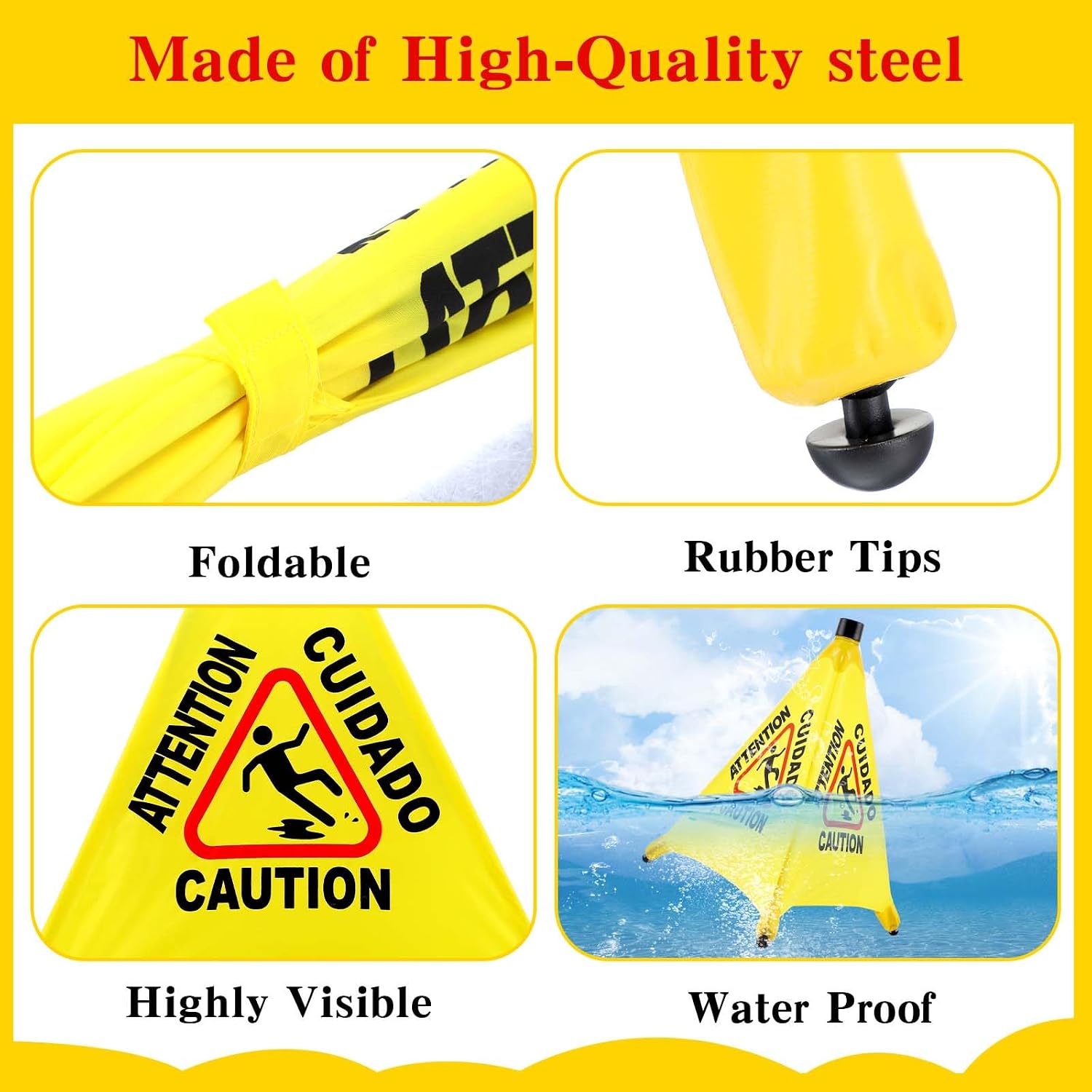 8-Packs Wet Floor Signs 20 Inch, Pop UP Bilingual Yellow Caution Wet Floor Sign with Wall Mounted Storage Tube