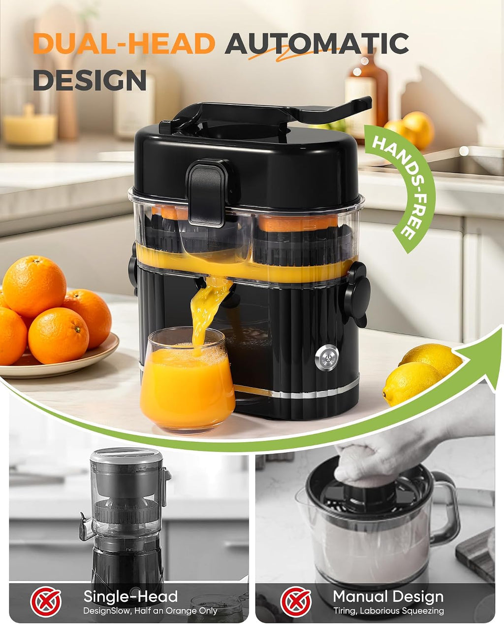 Dual-Head Electric Orange Juicer, Built-in Cutter Citrus Juicer Squeezer with Power Cord & Cleaning Brush, One-Touch
