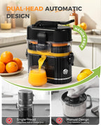 Dual-Head Electric Orange Juicer, Built-in Cutter Citrus Juicer Squeezer with Power Cord & Cleaning Brush, One-Touch