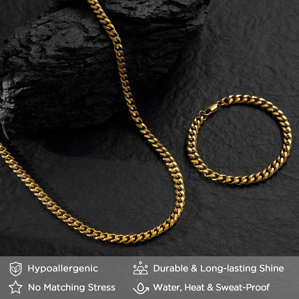 Stainless Steel Cuban Link Chain and Bracelet Set for Men | Chains 3.5mm/5mm/7mm Width, Bracelet 7 1/2" and 8"