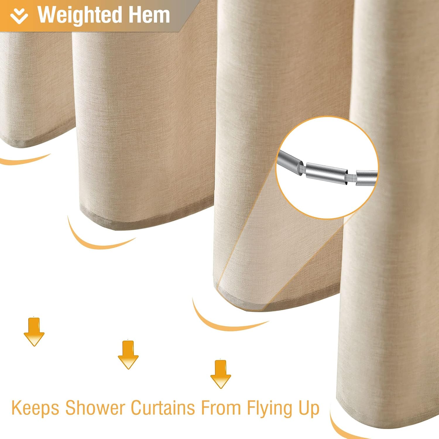 Beige Linen Textured Waterproof Fabric Shower Curtain, 72x72, Cream | 230GSM Polyester, Heavy Duty Cloth, Weighted