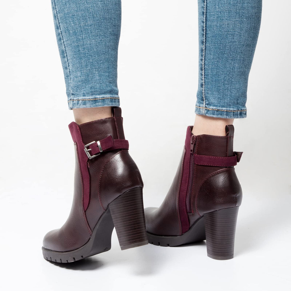 Women's Ankle Boots Side Zip Chunky Stacked Heel Booties with Wide