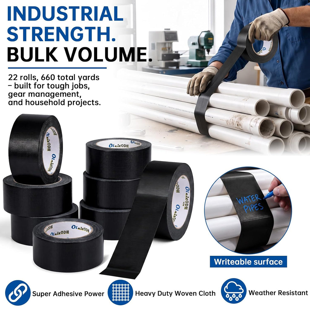 Black Duct Tape Bulk, 2 Inches x 30 Yards, 22 Pack